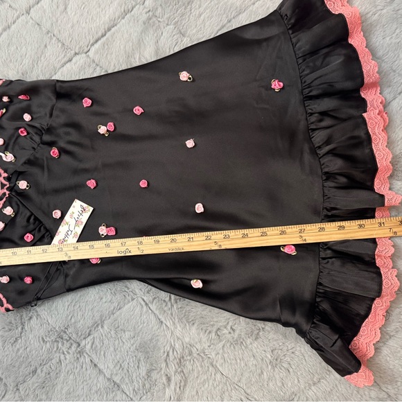 Betsey Johnson X Forever 21 Black Satin Mini Dress Pink Rosette Embellishments - Picture 3 of 15